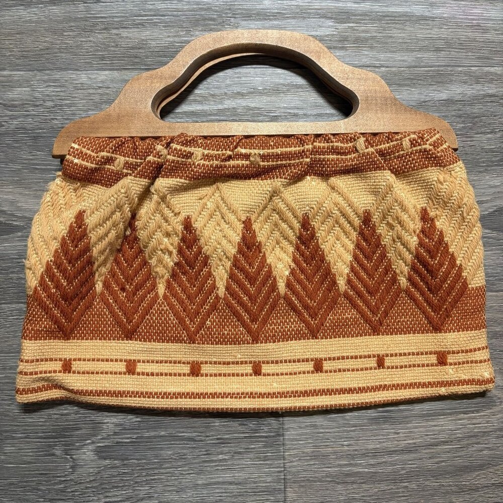Vintage Woven Fabric Clutch Wooden Top Handles Geometric Earth Tones 70s Boho